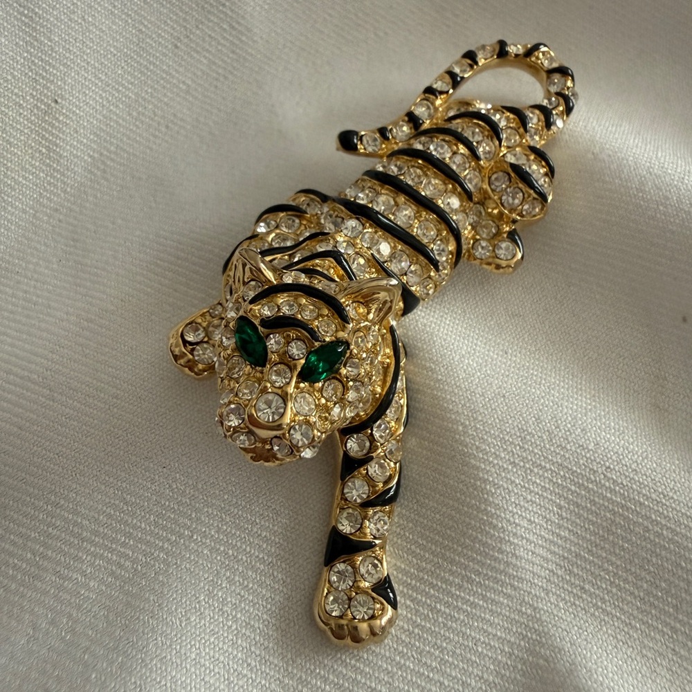 Gold Crystal Tiger Brooch with Black Enamel Stripes and Green Eyes